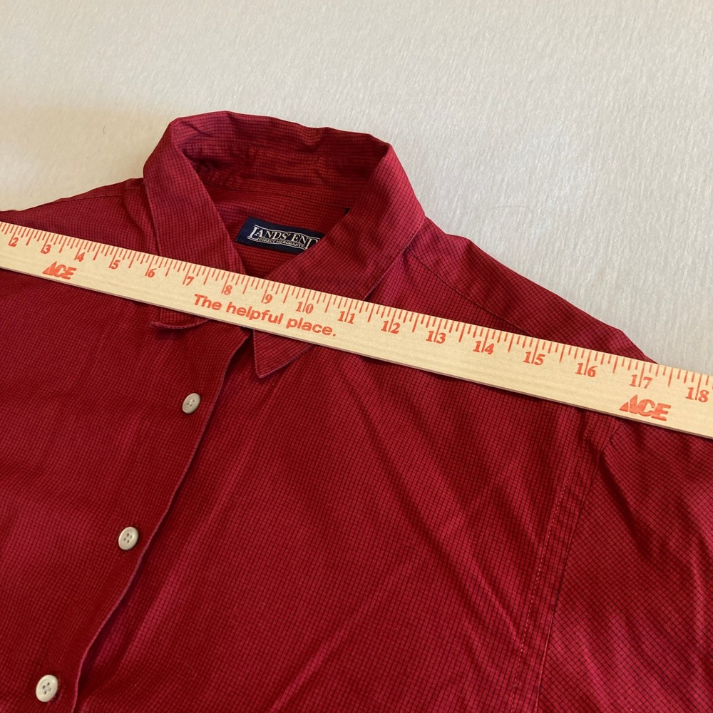 Vintage Lands End Shirt Womens 12 Red Micro Check Cotton Button Down L/S 90s - Picture 4 of 13
